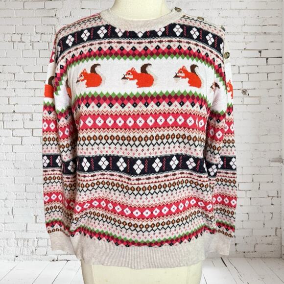 Talbots Fair Isle Squirrel Sweater Womens M Button Accent Nordic Petite/Regular - Picture 1 of 8